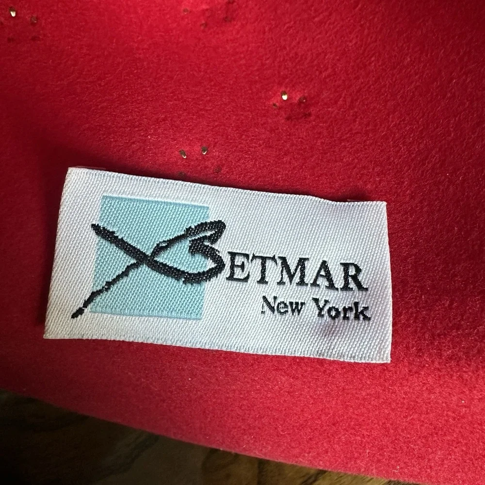 VTG Betmar NY Red Wool Hat 22 Inch Small Gold Stud Fedora Wide Brim USA LiteFelt
